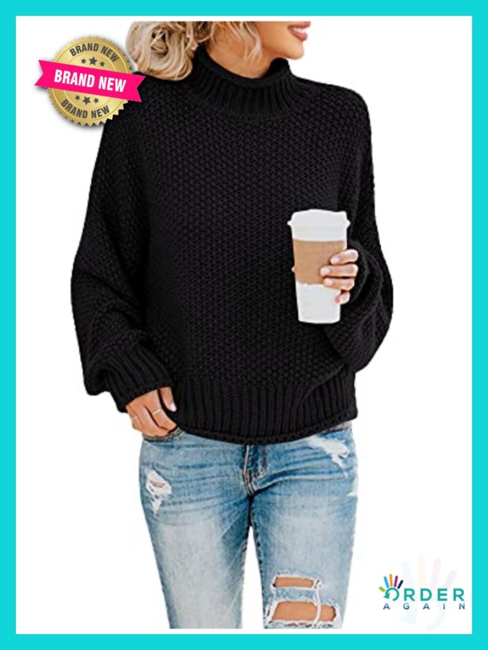 Oversized Turtleneck Sweater Batwing Long Sleeve Chunky Knit Pullover